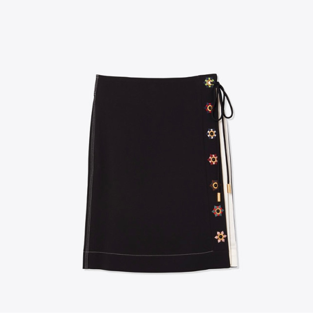 Tory Burch Color-block Wrap Black Embellished Side-Tie Skirt